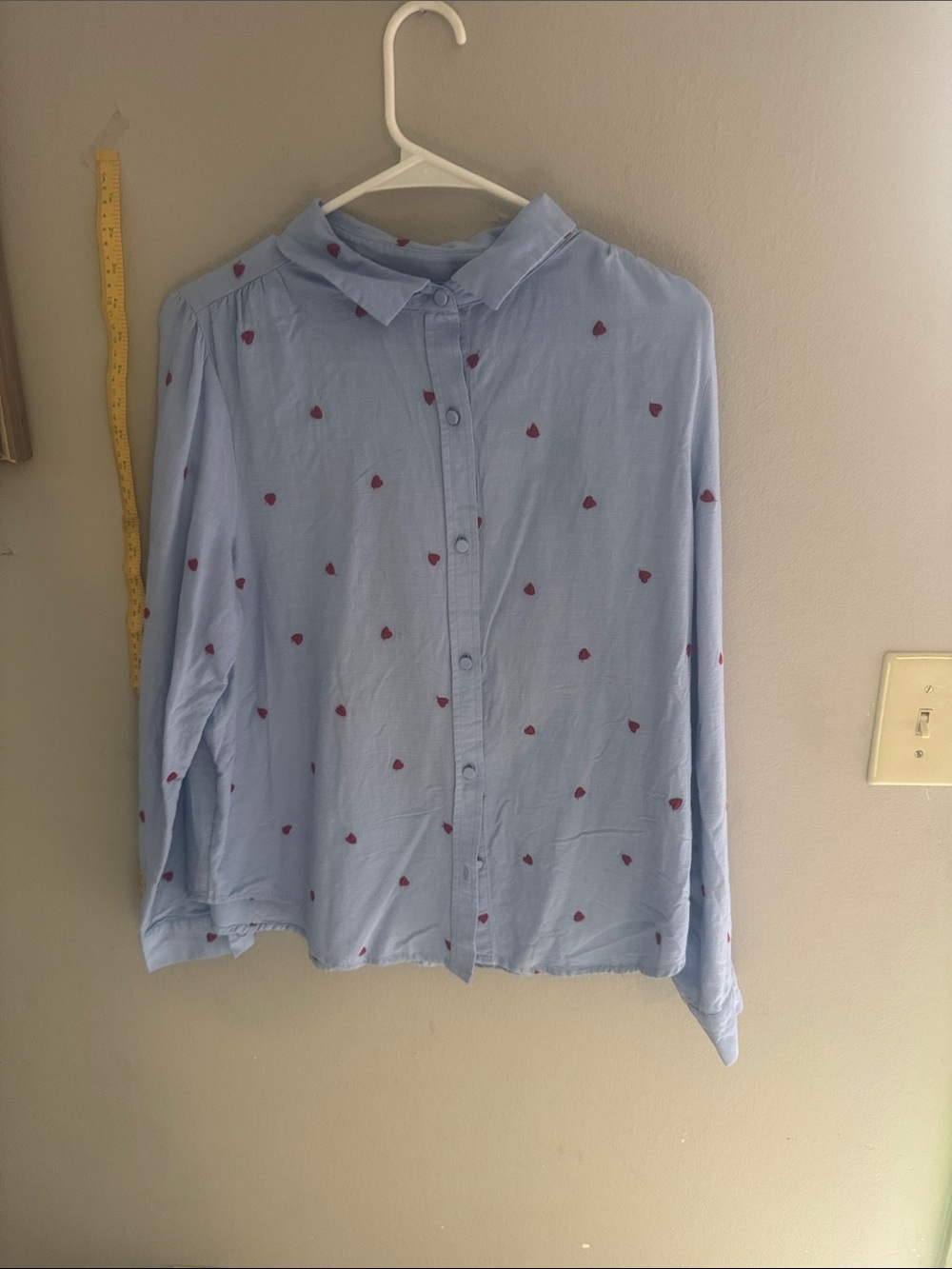 LC Lauren Conrad Light Blue Button-Down Shirt with Red Heart Motif